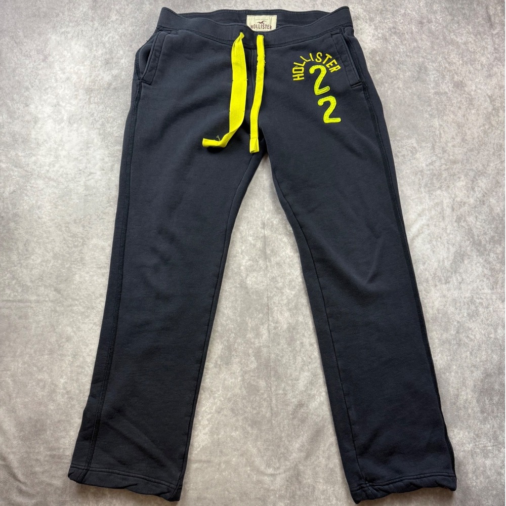 Hollister California Mens Navy Blue Fleece Sweatpants Neon Yellow Graphic Large